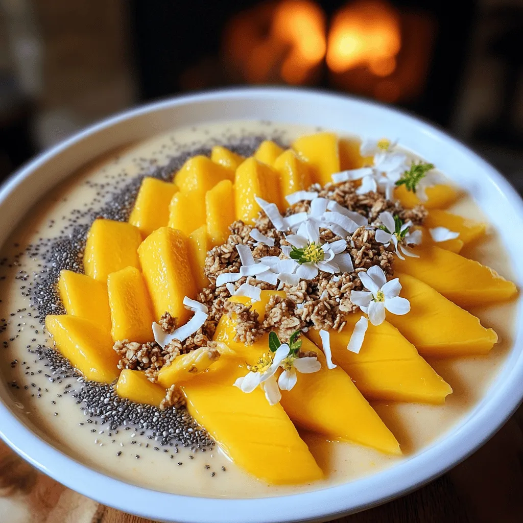 To create a tasty mango coconut smoothie bowl, you need a few key ingredients. The star of this dish is the ripe mango. It gives a sweet and tropical flavor. You should also use a frozen banana. It adds creaminess and makes the bowl thick.