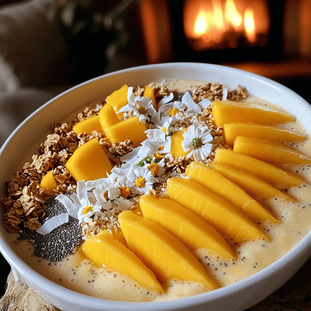To create a tasty mango coconut smoothie bowl, you need a few key ingredients. The star of this dish is the ripe mango. It gives a sweet and tropical flavor. You should also use a frozen banana. It adds creaminess and makes the bowl thick.