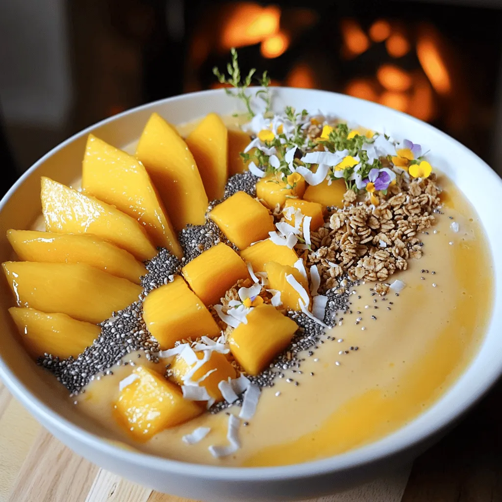 To create a tasty mango coconut smoothie bowl, you need a few key ingredients. The star of this dish is the ripe mango. It gives a sweet and tropical flavor. You should also use a frozen banana. It adds creaminess and makes the bowl thick.