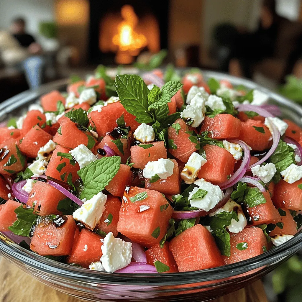 To create a delicious Salade de Pastèque et Feta, you need just a few simple ingredients. The star of the show is, of course, the watermelon. I recommend using four cups of diced watermelon. Next, crumbled feta cheese adds a rich, salty taste. You'll need one cup of this creamy cheese. Fresh mint leaves bring a burst of freshness, so add a quarter cup, chopped finely. For a bit of crunch and flavor, include a quarter cup of thinly sliced red onion. Finally, two tablespoons each of extra-virgin olive oil and balsamic glaze will enhance the overall taste. Don't forget to season with salt and pepper to your liking.