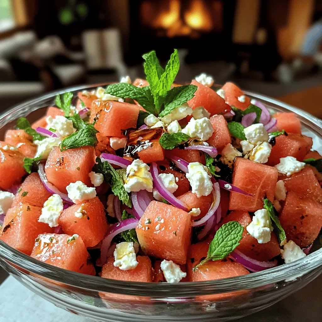 To create a delicious Salade de Pastèque et Feta, you need just a few simple ingredients. The star of the show is, of course, the watermelon. I recommend using four cups of diced watermelon. Next, crumbled feta cheese adds a rich, salty taste. You'll need one cup of this creamy cheese. Fresh mint leaves bring a burst of freshness, so add a quarter cup, chopped finely. For a bit of crunch and flavor, include a quarter cup of thinly sliced red onion. Finally, two tablespoons each of extra-virgin olive oil and balsamic glaze will enhance the overall taste. Don't forget to season with salt and pepper to your liking.
