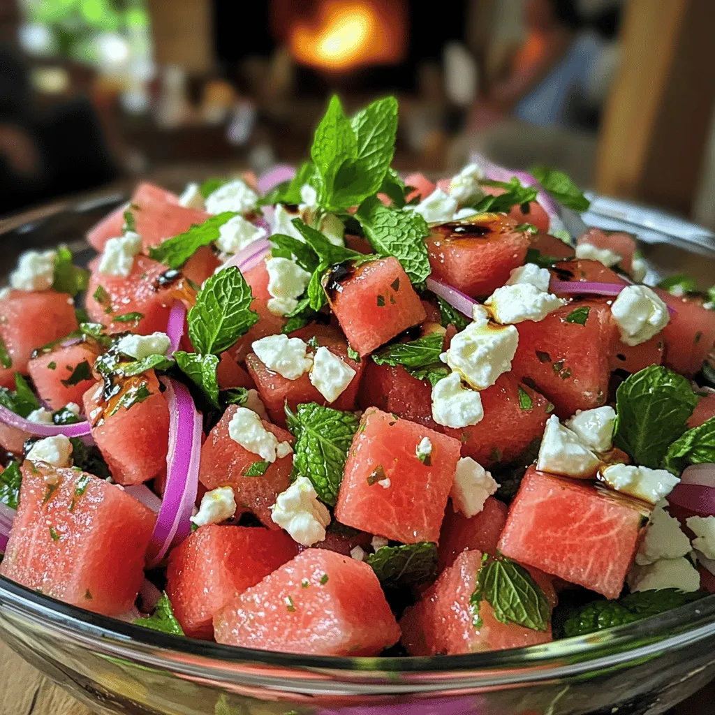 To create a delicious Salade de Pastèque et Feta, you need just a few simple ingredients. The star of the show is, of course, the watermelon. I recommend using four cups of diced watermelon. Next, crumbled feta cheese adds a rich, salty taste. You'll need one cup of this creamy cheese. Fresh mint leaves bring a burst of freshness, so add a quarter cup, chopped finely. For a bit of crunch and flavor, include a quarter cup of thinly sliced red onion. Finally, two tablespoons each of extra-virgin olive oil and balsamic glaze will enhance the overall taste. Don't forget to season with salt and pepper to your liking.