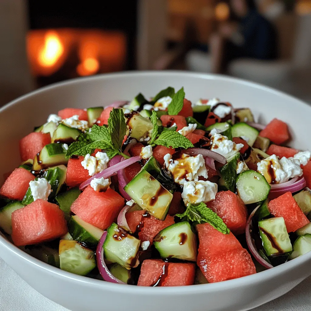 To make a refreshing watermelon feta salad, you need a few simple ingredients. Start with 4 cups of cubed watermelon. The sweet, juicy watermelon is the star of this dish. Next, use 1 cup of crumbled feta cheese. Its salty taste pairs well with the watermelon. You will also need 1/2 cucumber, diced, and 1/4 red onion, thinly sliced. These add crunch and flavor. Add 1/4 cup of fresh mint leaves, torn to release their aroma. Finally, use 2 tablespoons of balsamic glaze and 1 tablespoon of olive oil for dressing. Salt and pepper are optional, but they enhance the taste.