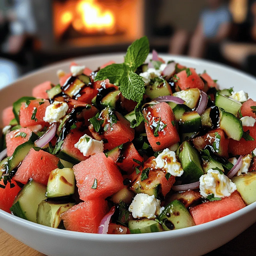 To make a refreshing watermelon feta salad, you need a few simple ingredients. Start with 4 cups of cubed watermelon. The sweet, juicy watermelon is the star of this dish. Next, use 1 cup of crumbled feta cheese. Its salty taste pairs well with the watermelon. You will also need 1/2 cucumber, diced, and 1/4 red onion, thinly sliced. These add crunch and flavor. Add 1/4 cup of fresh mint leaves, torn to release their aroma. Finally, use 2 tablespoons of balsamic glaze and 1 tablespoon of olive oil for dressing. Salt and pepper are optional, but they enhance the taste.