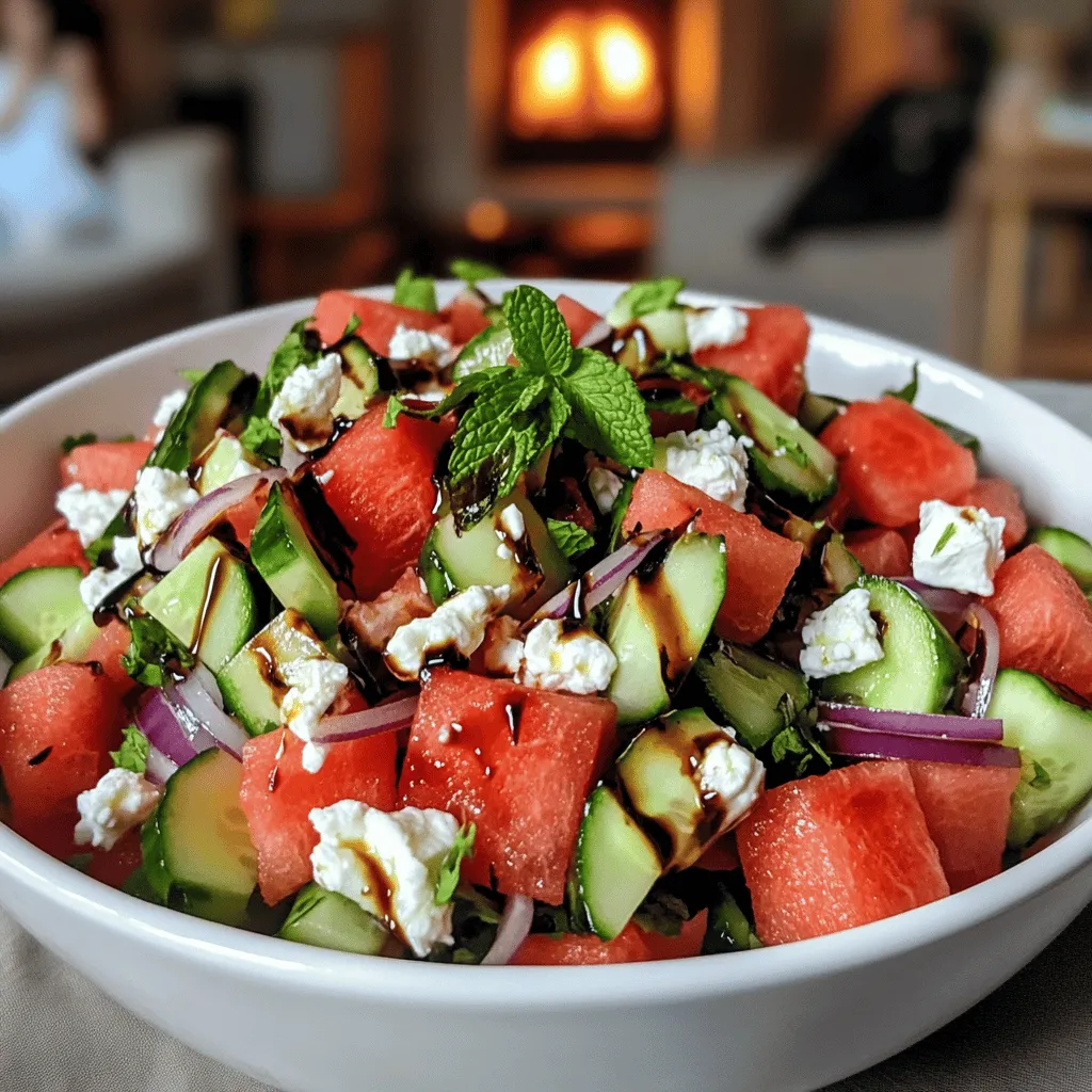 To make a refreshing watermelon feta salad, you need a few simple ingredients. Start with 4 cups of cubed watermelon. The sweet, juicy watermelon is the star of this dish. Next, use 1 cup of crumbled feta cheese. Its salty taste pairs well with the watermelon. You will also need 1/2 cucumber, diced, and 1/4 red onion, thinly sliced. These add crunch and flavor. Add 1/4 cup of fresh mint leaves, torn to release their aroma. Finally, use 2 tablespoons of balsamic glaze and 1 tablespoon of olive oil for dressing. Salt and pepper are optional, but they enhance the taste.